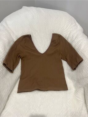 Deep V-Neck Ribbed Short Sleeve Top - Brown